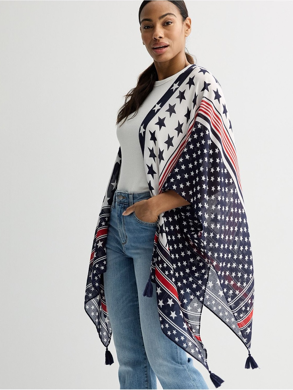 Patriotic American Flag Print Poncho Wrap Kimono Coverup